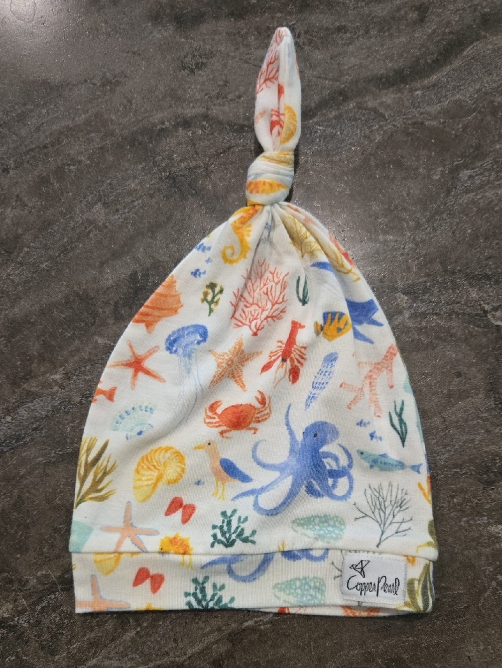 Sea Life Knotted Baby Hat in Blue, Orange, Yellow